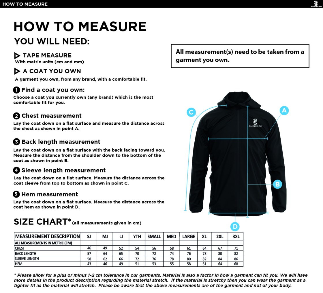 Darlington CC - Dual Elite 1/4 Zip Hoody / Rain Jacket - Unisex - Size Guide