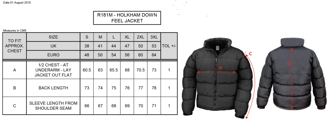 Darlington CC - Holkham Down Feel Jacket - Men's Fit - Size Guide