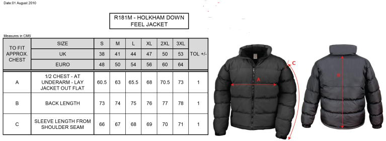 Darlington CC - Holkham Down Feel Jacket - Men's Fit - Size Guide