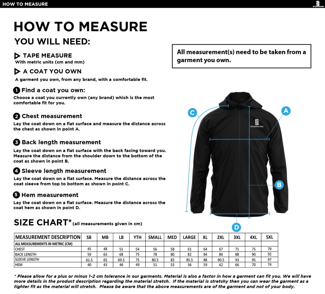 Darlington CC - Dual Full Zip Training Jacket - Unisex - Size Guide