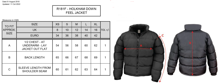 Darlington CC - Holkham Down Feel Jacket - Ladies Fit - Size Guide