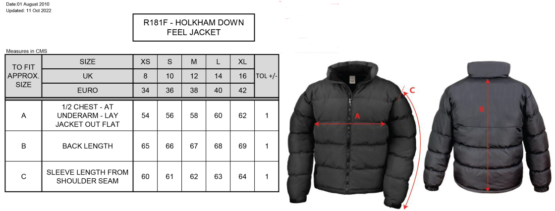 Darlington CC - Holkham Down Feel Jacket - Ladies Fit - Size Guide