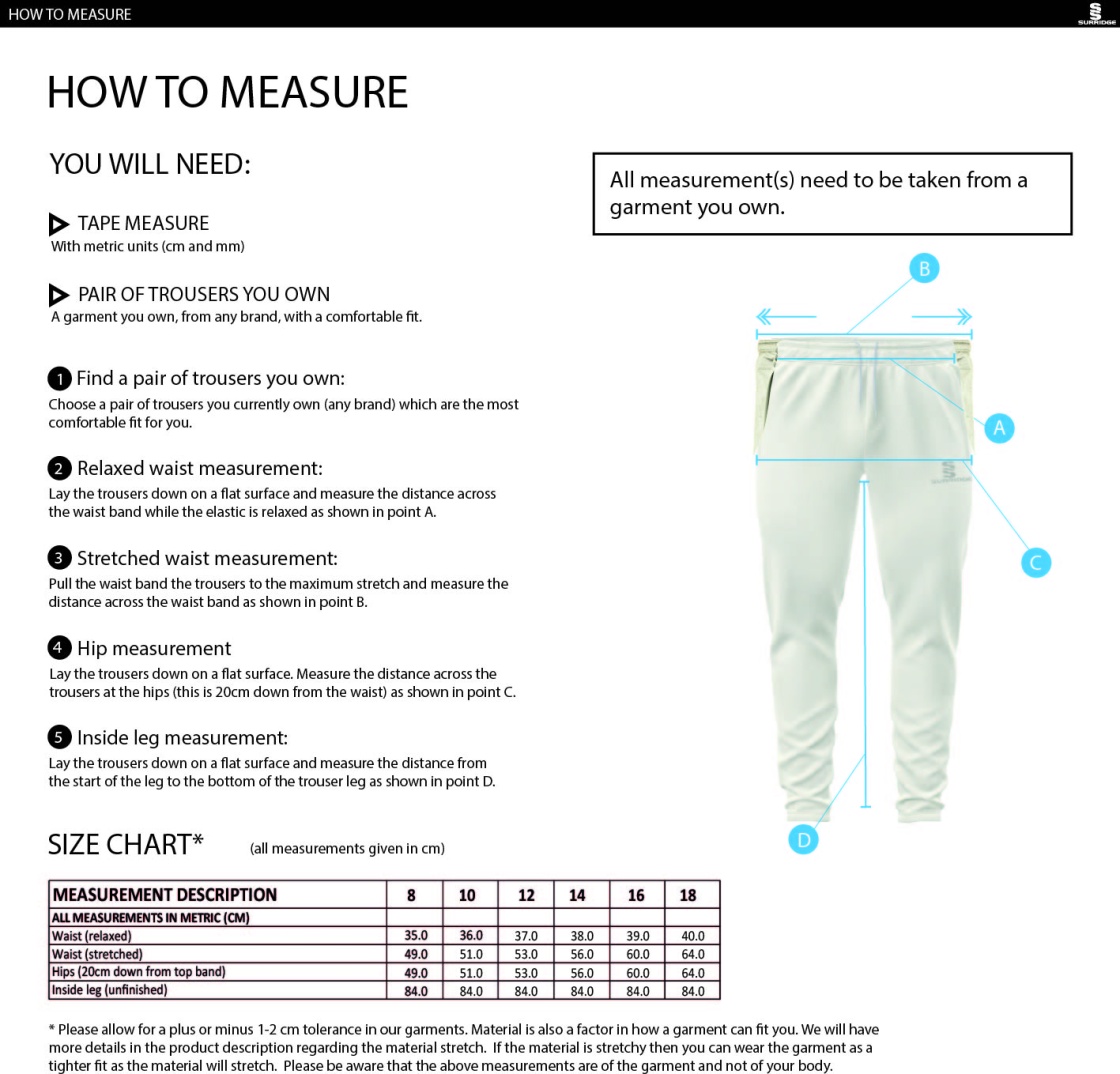 Darlington CC - Ergo Playing Pant - Ladies Fit - Size Guide