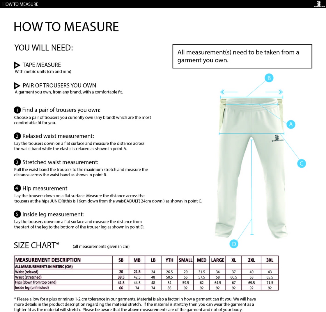 Darlington CC - Standard Playing Pant - Junior Fit - Size Guide