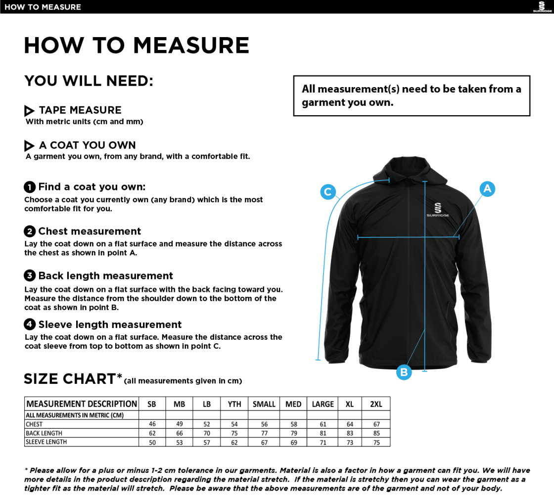 Darlington CC - Dual Elite 1/4 Zip Hoody / Rain Jacket - Unisex - Size Guide