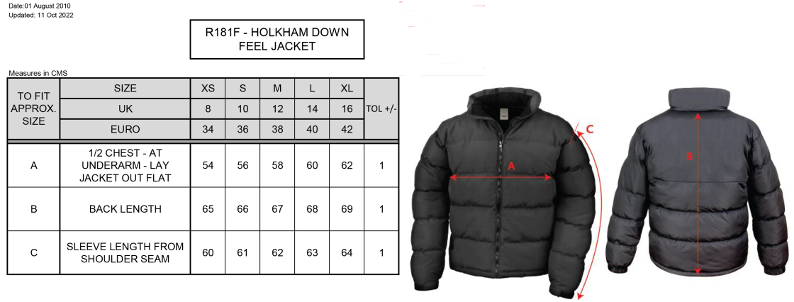 Darlington CC - Holkham Down Feel Jacket - Ladies Fit - Size Guide