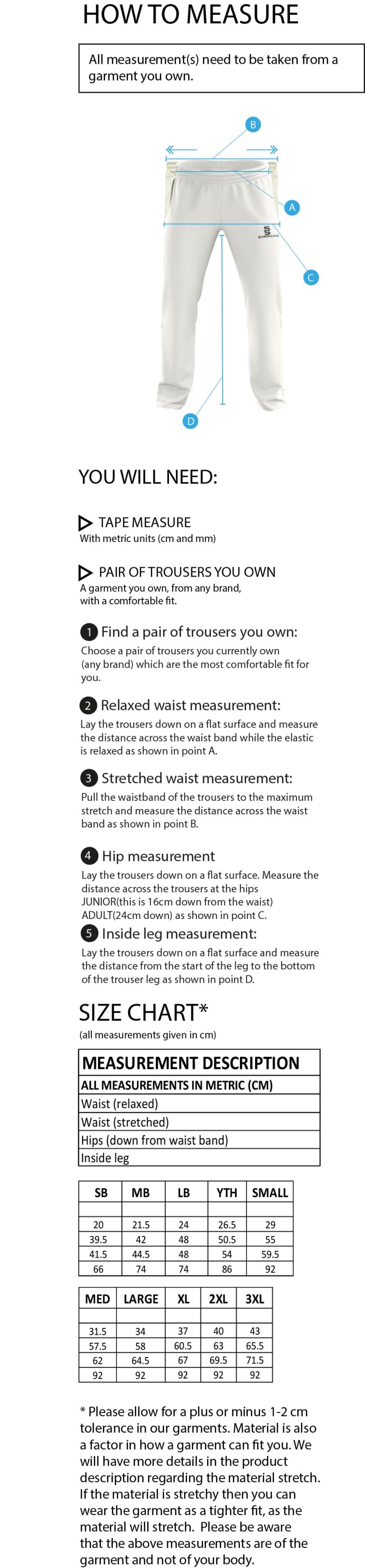 Darlington CC - Standard Playing Pant - Junior Fit - Size Guide