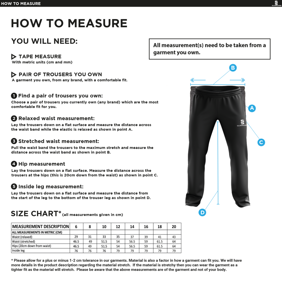 Darlington CC - Poplin Track Pant - Ladies Fit - Size Guide