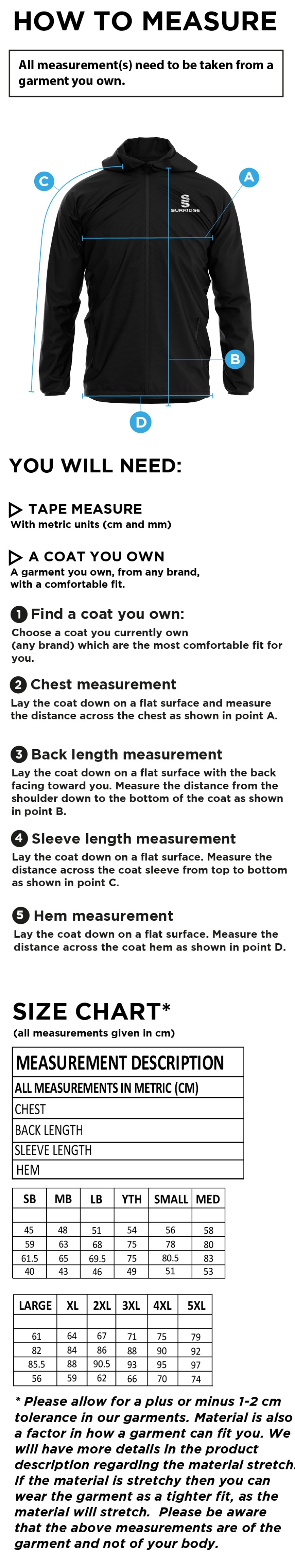 Darlington CC - Dual Full Zip Training Jacket - Unisex - Size Guide