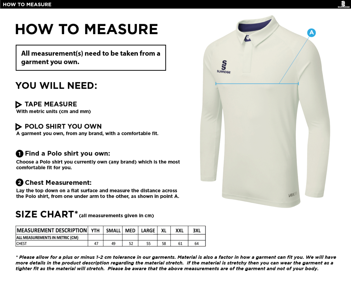 Darlington CC - FUSE LONG SLEEVE CRICKET SHIRT - Mens / Juniors - Size Guide