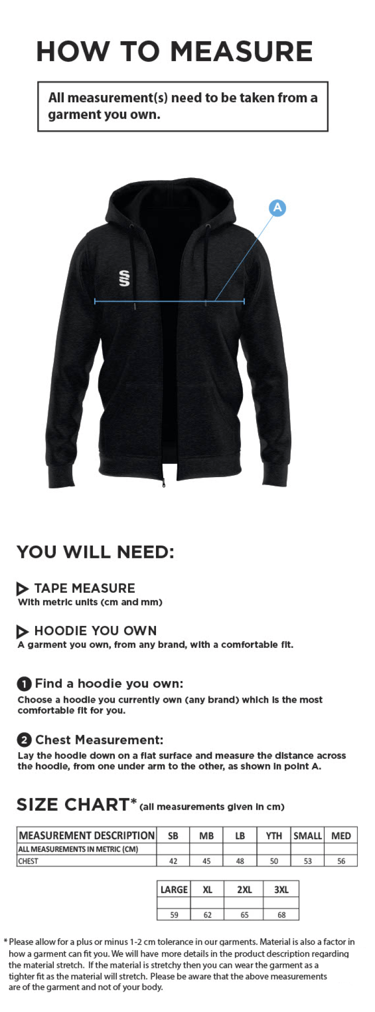 Darlington CC - Dual Full Zip Hoody - Men's Fit - Size Guide