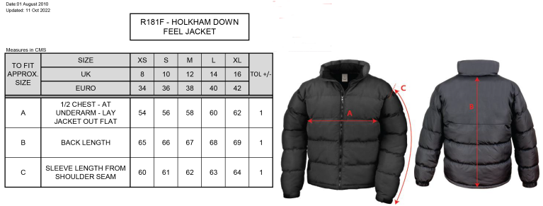 Darlington CC - Holkham Down Feel Jacket - Ladies Fit - Size Guide