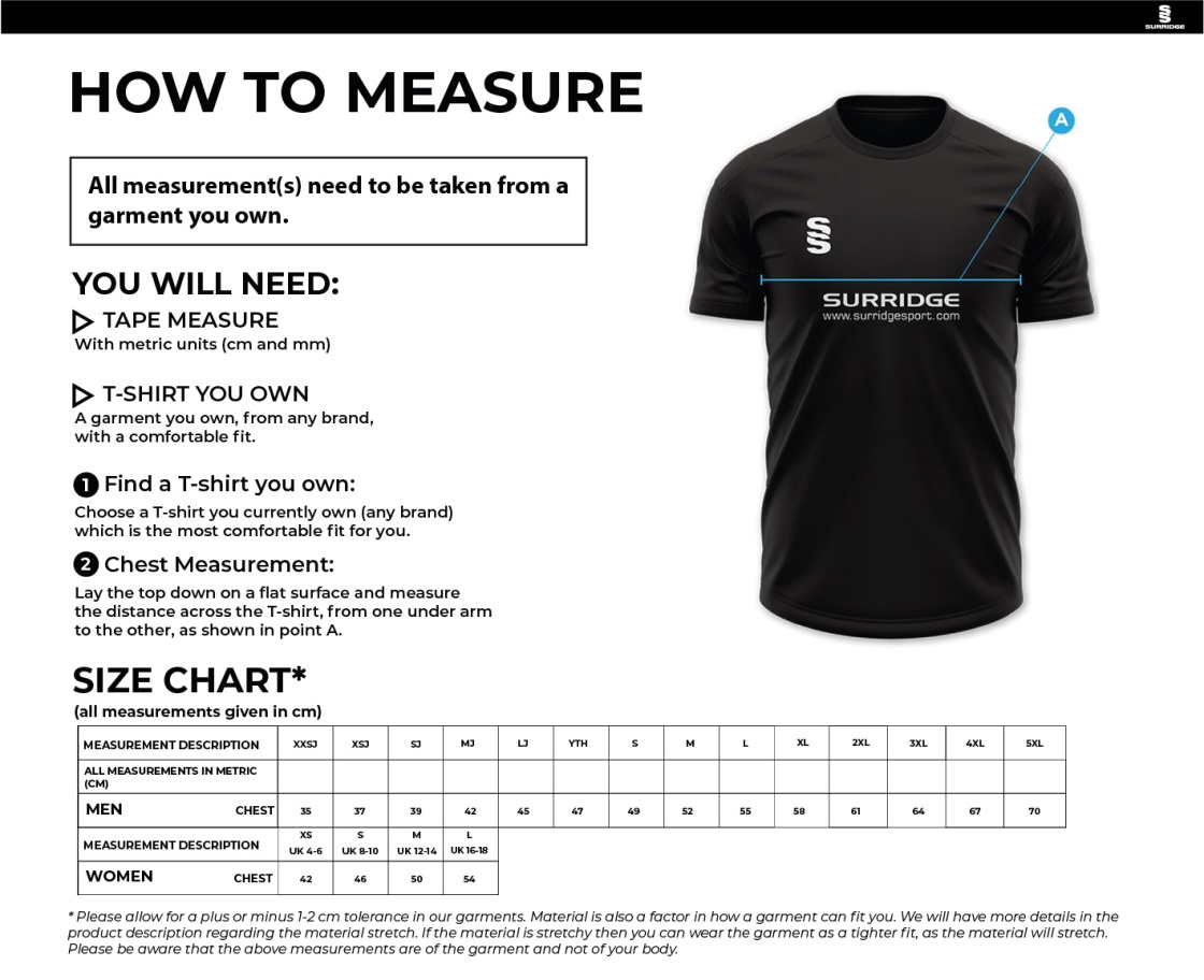 Darlington CC - Short Sleeved Polo Shirt - Junior Fit - Size Guide