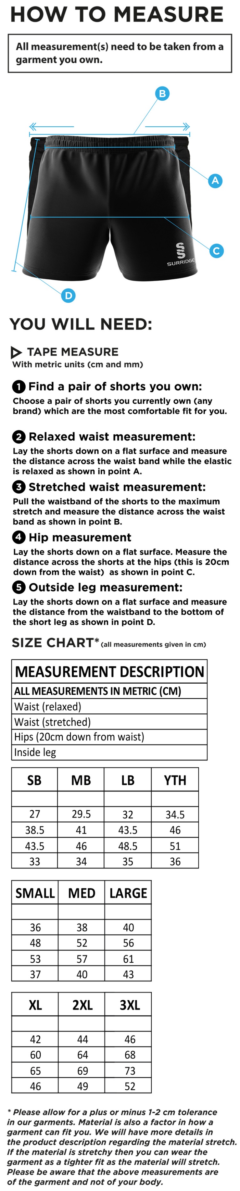 Darlington CC - Performance Gym Short - Junior - Size Guide