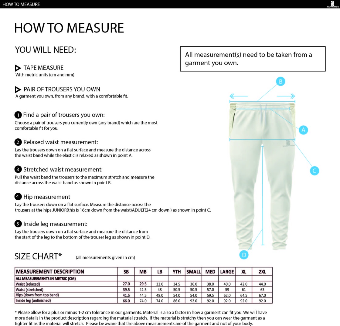 Darlington CC - Ergo Playing Pant - Junior Fit - Size Guide