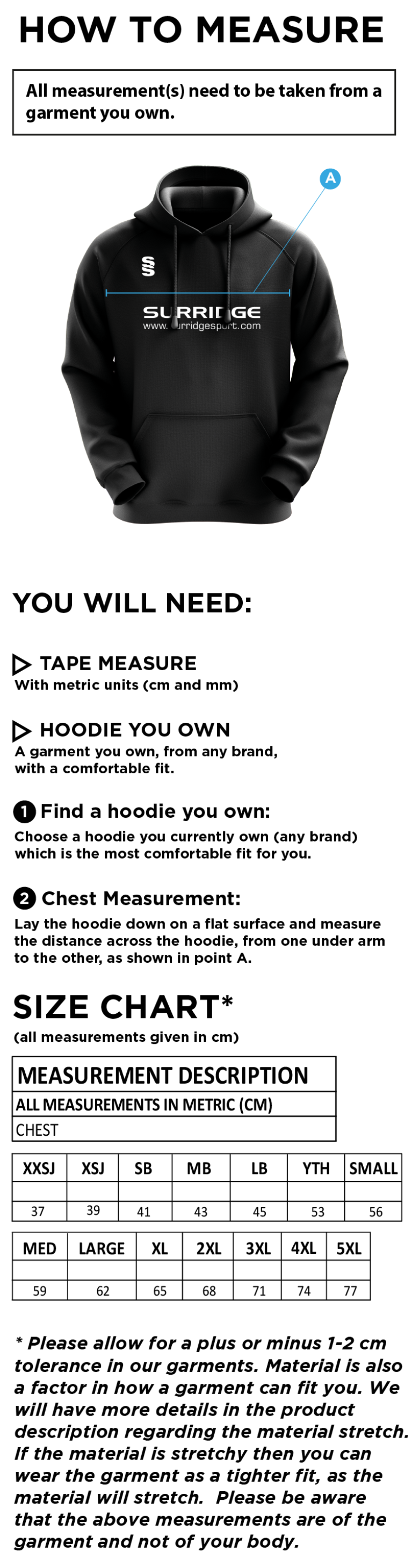 Darlington CC - Fuse Hoody - Unisex - Size Guide