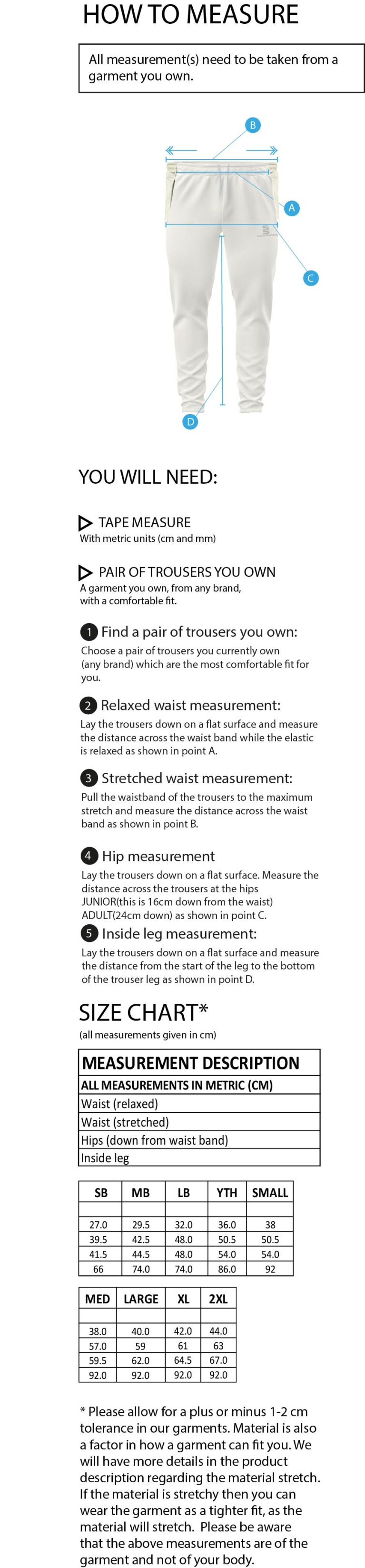 Darlington CC - Ergo Playing Pant - Junior Fit - Size Guide