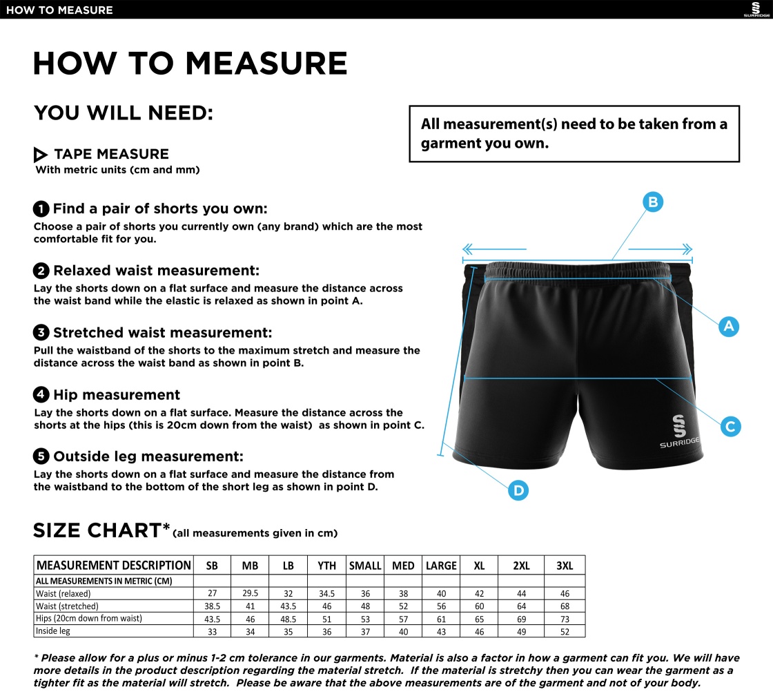 Darlington CC - Performance Gym Short - Unisex - Size Guide