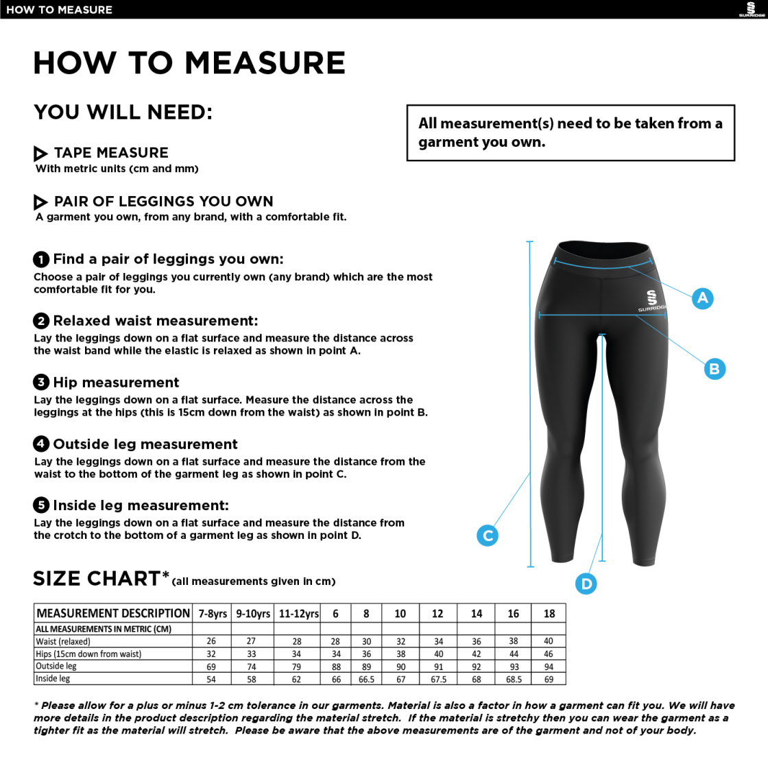 Darlington CC - Performance Full Length Leggings - Ladies - Size Guide