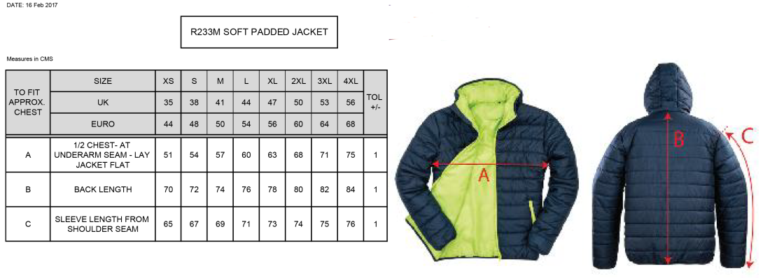 Darlington CC - Supersoft Padded Jacket - Unisex - Size Guide