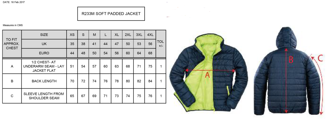 Darlington CC - Supersoft Padded Jacket - Unisex - Size Guide