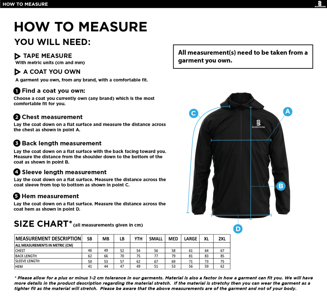 Darlington CC - Dual Full Zip Training Jacket - Unisex - Size Guide